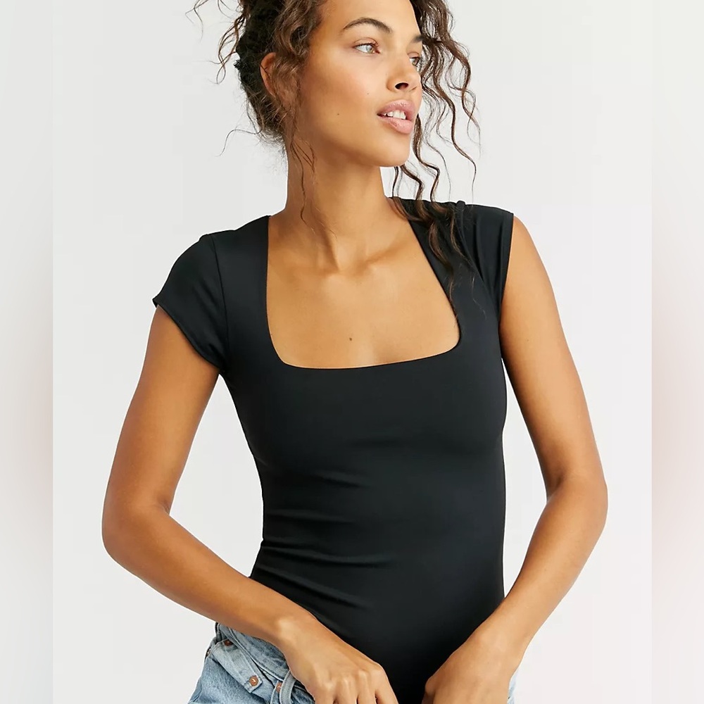 Free People Square Eyes thong bodysuit black size large L short sleeve